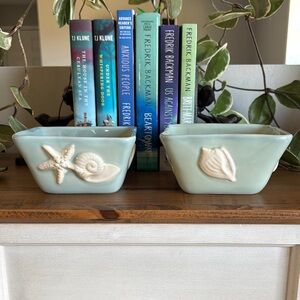 Seafoam Green Ceramic Bowls with Shell Design (2)